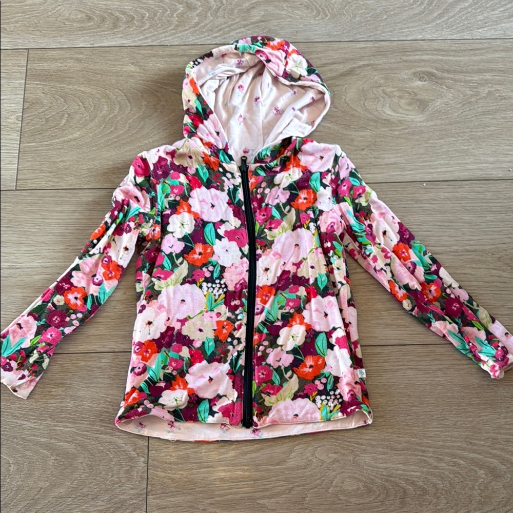 Pink and Red Floral Hooded Raincoat with Zipper